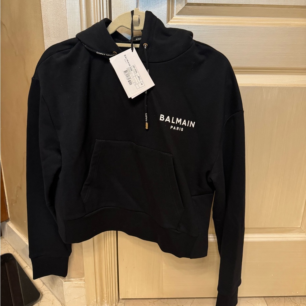 Authentic New With Tags Balmain Flocked Logo Cropped Hoodie